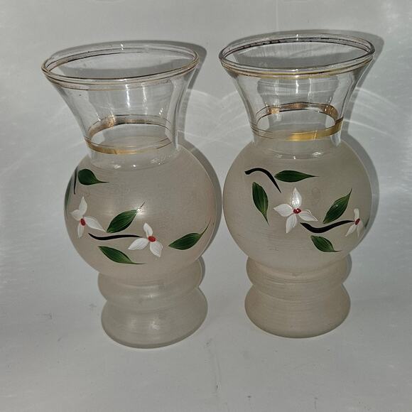 Pair Vintage 6" Frosted Glass Vases Hand Painted White Flowers Green Leaves Gold - Picture 1 of 8